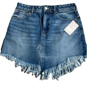 Free People Denim Skirt Size 27 Indigo Blue High Rise Frayed Hem Cutoff Y2K